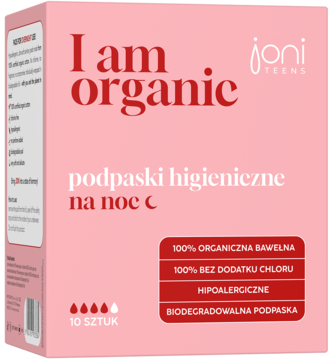 Różowe pudełko Joni Teens, organiczne podpaski higieniczne na noc, 10 sztuk, 100% bawełny, hipoalergiczne.