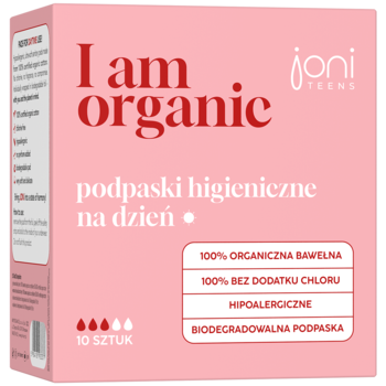 Różowe pudełko "I am organic joni teens" 10 organicznych podpasek dziennych, hipoalergicznych. Widok z przodu.