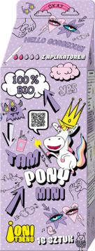 Fioletowe opakowanie tamponów JONI TEENS mini z aplikatorem, z rysunkami jednorożca i hasłem "TAM PONY MINI".