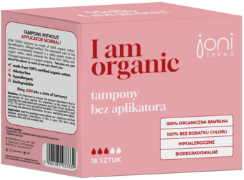 Różowe pudełko Joni Teens z tamponami organicznymi bez aplikatora, 18 sztuk, widok pod kątem.
