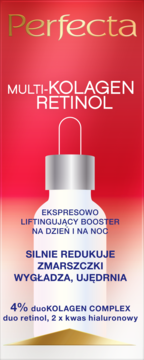 Perfecta Multi-Kolagen Retinol serum, czerwono-białe opakowanie z kroplomierzem, widok z przodu.