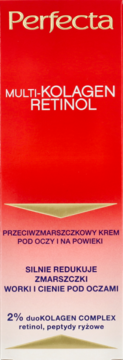 Czerwone opakowanie Perfecta Multi-Kolagen Retinol, kremu przeciwzmarszczkowego pod oczy, złote detale, widok z przodu.