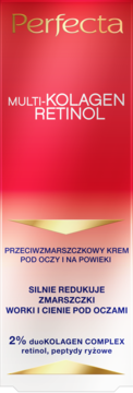 Perfecta Multi-Kolagen Retinol krem pod oczy, czerwono-różowe opakowanie, widok z przodu, redukuje zmarszczki i cienie.