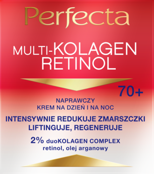 Perfecta Multi-Kolagen Retinol 70+ krem w czerwono-białym pudełku ze złotymi akcentami, widok z przodu.