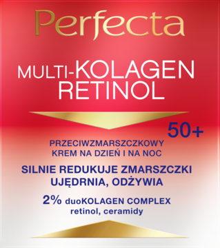 Perfecta Multi-Kolagen Retinol 50+ krem przeciwzmarszczkowy, czerwone opakowanie, na dzień i noc.