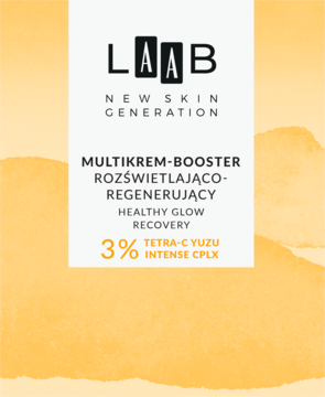AA LAAB Multikrem-Booster rozświetlająco-regenerujący z Tetra-C Yuzu, biała etykieta na pomarańczowym tle.