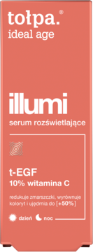 Tołpa Illumi serum rozświetlające z 10% witaminą C, w łososiowej butelce, widok z przodu.