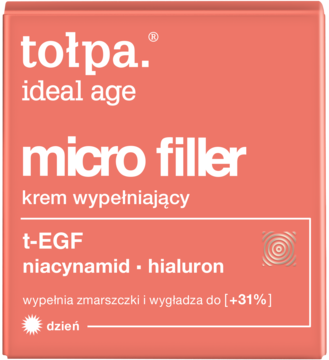Krem tołpa ideal age micro filler na dzień, w kwadratowym, łososiowym opakowaniu z białym napisem.