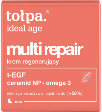 Tołpa ideal age multi repair krem regenerujący na noc, brzoskwiniowe opakowanie z białym napisem, widok z przodu.