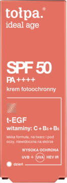 Tołpa Ideal Age SPF 50, niewidoczny krem fotoochronny, łososiowe opakowanie, widok z przodu.