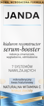 JANDA Hialuron Reconstructor Serum-Booster w białym pudełku z niebiesko-złotym wzorem na froncie.