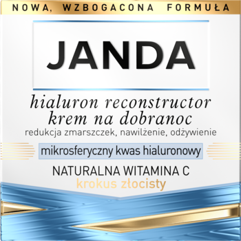 Janda Hialuron Reconstructor, krem na noc z kwasem hialuronowym redukujący zmarszczki, w biało-niebieskim opakowaniu.