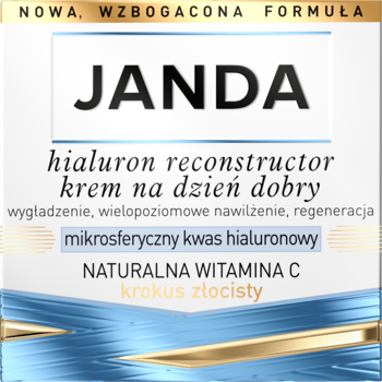 Janda Hialuron Reconstructor, krem na dzień, biało-złote opakowanie z napisem 'NOWA FORMUŁA' i kwasem hialuronowym.