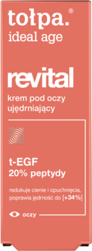 Tołpa Ideal Age Revital, ujędrniający krem pod oczy z 20% peptydami, w łososiowym opakowaniu. Widok z przodu.