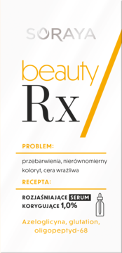 Front etykiety serum Soraya Beauty Rx, biało-żółta, rozjaśniające, na przebarwienia i nierówny koloryt.