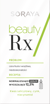Soraya Beauty Rx serum normalizujące 12,5% z kwasem salicylowym, biała butelka z zielonymi akcentami, widok z przodu.