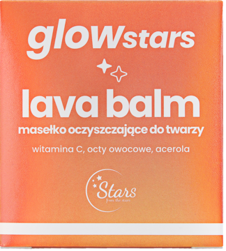Pomarańczowe opakowanie Glow Stars Lava Balm, masełka oczyszczającego z witaminą C i acerolą, widok z przodu.