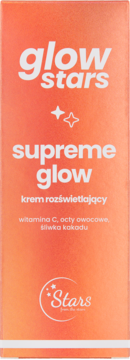 Glow Stars Supreme Glow krem rozświetlający z witaminą C, octami, śliwką kakadu, pomarańczowe opakowanie.