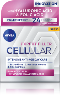 Nivea Cellular Expert Filler krem SPF 30, biało-fioletowe pudełko, widok z przodu, intensywna pielęgnacja.