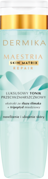 Dermika Maestria: tonik przeciwzmarszczkowy ze śluzem ślimaka i tripeptydem, miętowa butelka, widok z przodu.