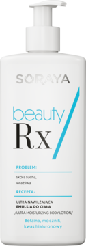 Biała butelka Soraya Beauty Rx, ultra nawilżająca emulsja do ciała z pompką. Widok z przodu, etykieta beauty Rx.