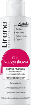Białe mleczko kojące Lirene Dermoprogram do demakijażu cery naczynkowej, z 4 ziołami, widok z przodu.