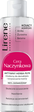 Lirene Cera Naczynkowa micelarny płyn do demakijażu, biało-różowa butelka z białym korkiem, widok z przodu.