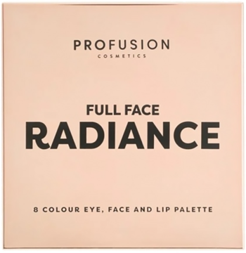 Brzoskwiniowa, kwadratowa paleta Profusion Full Face Radiance 8 kolorów do oczu, twarzy i ust, z czarnym napisem.