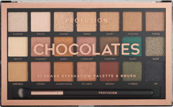 Profusion Chocolates, paleta 21 matowych i błyszczących cieni do powiek w brązach, beżach, zieleni, z pędzlem.