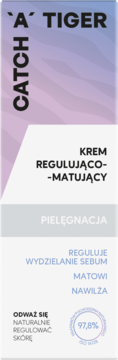 Catch 'A' Tiger, matujący krem regulujący sebum, fioletowo-białe opakowanie, pionowy widok z przodu.