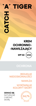 Ochronno-nawilżający krem Catch A Tiger SPF 50 do twarzy w żółto-białym opakowaniu, redukuje niedoskonałości, widok z przodu.