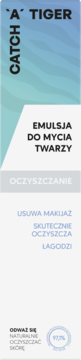 Emulsja do mycia twarzy Catch A Tiger, biało-niebieskie opakowanie, widok z przodu. Widoczne napisy: Oczyszczanie, 97%.