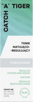 Tonik `A` Tiger Catch matujący. Biało-zielone opakowanie, widok z przodu. Zawiera 96,5% naturalnych składników.