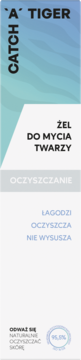 Żel do mycia twarzy Catch a Tiger w niebiesko-białym opakowaniu, widok z przodu, z napisem "OCZYSZCZANIE".