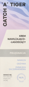 Nawilżający krem Catch A Tiger, 98,1% naturalnych składników, pionowe pastelowe opakowanie.