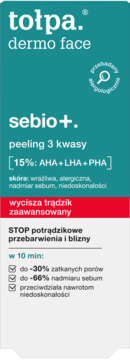 Peeling Tołpa Dermo Face Sebio+ 15% AHA+LHA+PHA w turkusowo-czerwono-szarym opakowaniu, widok z przodu.