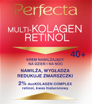 Perfecta Multi-Kolagen Retinol krem 40+, nawilżający na dzień i noc, czerwono-złote pudełko, widok z przodu.