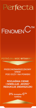 Krem pod oczy Perfecta Fenomen C, pomarańczowe opakowanie z białym logo i opisem działania witaminy C.