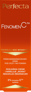 Perfecta Fenomen C przeciwzmarszczkowy krem pod oczy w pomarańczowym opakowaniu, z przodu, złoty napis.