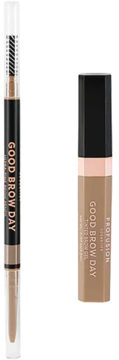Dwuetapowy zestaw Profusion Good Brow Day soft brown: kredka do brwi i żel, widok pionowy na jasnym tle.