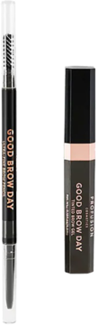Profusion Good Brow dwuetapowy zestaw do brwi soft black: czarna kredka i żel, widok z przodu na białym tle.
