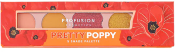 Profusion Cosmetics Pretty Poppy paleta cieni, 5 ciepłych odcieni w koralowym pudełku z makami, widok z przodu.