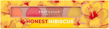 Profusion Honest Hibiscus, 5-cieniowa paleta w żółtym pudełku z hibiskusem: ciepłe odcienie pomarańczu, różu i żółci.