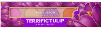 Terrific Tulip Profusion Cosmetics 5-cieniowa paleta. Fioletowe pudełko z kwiatami, widoczne różowe, fioletowe i pomarańczowe cienie.