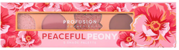 Kompaktowa paleta cieni Profusion Peaceful Peony z 5 cieniami, różowo-brązowe odcienie, na tle kwiatów.