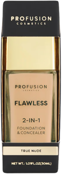 Profusion Flawless 2-in-1 Foundation & Concealer, True Nude, in glass bottle with gold cap inside box.
