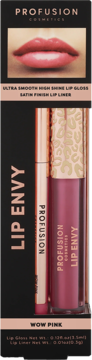 Profusion Lip Envy zestaw: błyszczyk i konturówka Wow Pink w czarnym pudełku, widok z przodu, usta i leopardzi wzór.