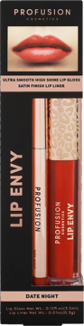 Profusion Lip Envy Duo Date Night: czerwony błyszczyk high shine i satynowa konturówka w czarnym pudełku, przód.