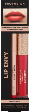 Profusion Lip Envy Love Spell: czarne pudełko z czerwonym błyszczykiem i rose gold konturówką, widok przód.