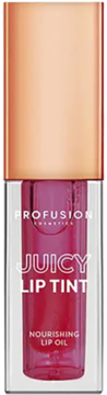 Profusion Juicy Lip Tint Nourishing Lip Oil, butelka z różowozłotą nakrętką, widok z przodu.